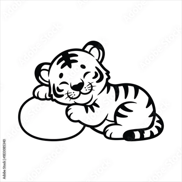 Obraz Adorable sleeping tiger cub illustration, a cute and peaceful monochrome graphic design