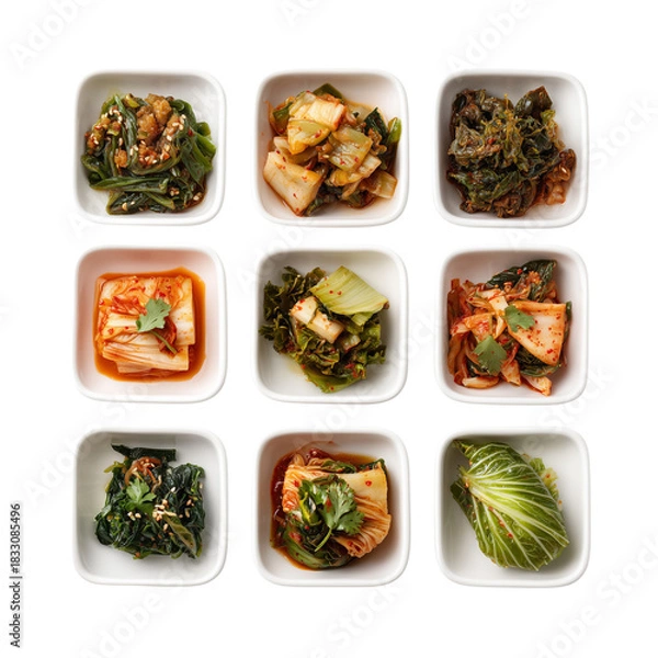 Fototapeta Assortment of vibrant korean banchan side dishes in white square bowls, top view