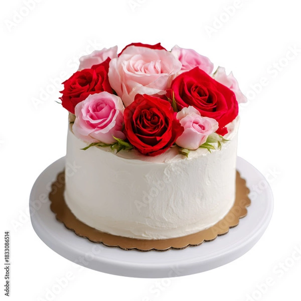 Fototapeta Delicate white celebration cake adorned with vibrant red and soft pink roses