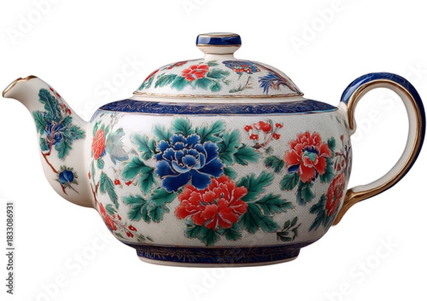 Fototapeta White Teapot Floral Pattern Blue Red isolated on a transparent background