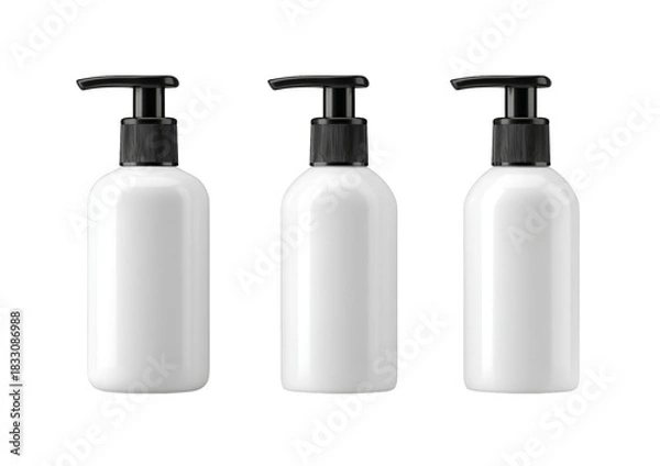 Fototapeta Three white plastic pump bottles isolated on a transparent background