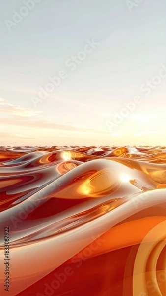 Fototapeta Golden Ripples Under Warm Sunset Sky Abstract Liquid Forms Reflecting Warm Light Serene Landscape
