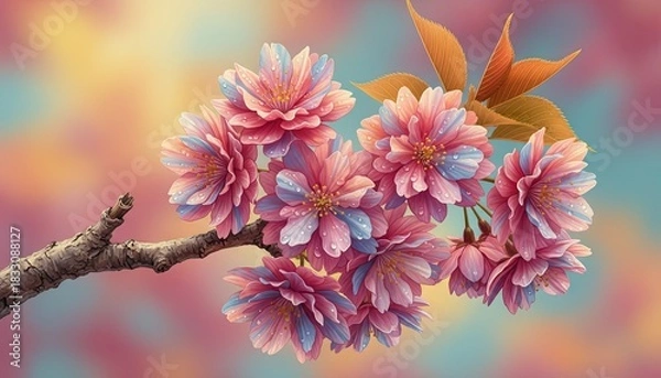 Fototapeta Close up of a delicate pink and blue cherry blossom branch covered in water droplets against a soft pastel bokeh background