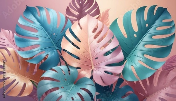 Fototapeta Group of monstera leaves in pastel teal blush and gold hues with a soft gradient background and subtle lighting