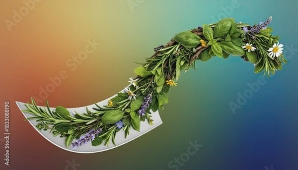 Fototapeta Curved Arrangement of Fresh Green Herbs and White Daisy Flowers on a Smooth White Surface Against a Colorful Gradient Background