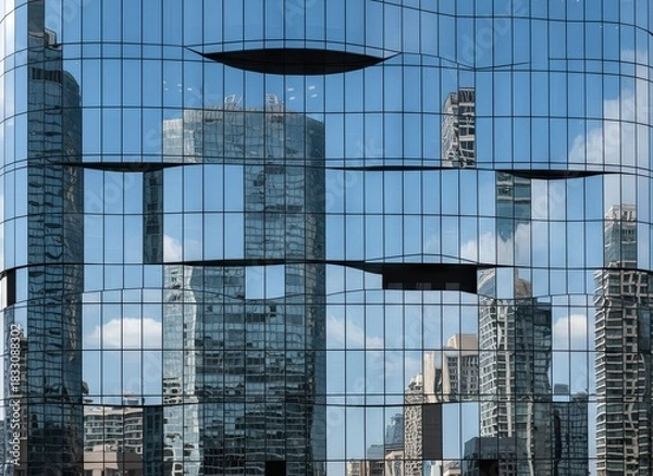 Fototapeta Modern Glass Building Facade Reflecting City Skyline and Blue Sky with White Clouds on a Sunny Day