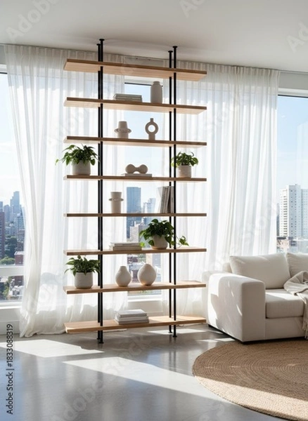 Fototapeta Modern Living Room with Open Shelving Unit filled with decorative objects and plants near a window with city view and white couch