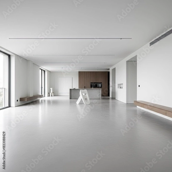 Fototapeta Bright Modern Open Concept Living Area With White Walls Light Gray Floor And Kitchen Island With Wood Cabinets Illuminated By Natural Light Through Large Windows