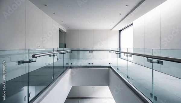Fototapeta Modern Interior Design With White Walls Glass Railings And Natural Light Streaming Through Large Windows Creating An Open Airy Atmosphere
