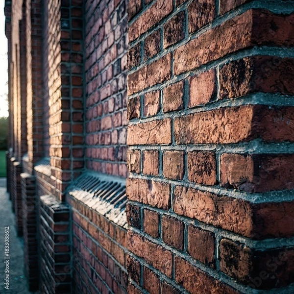 Fototapeta Close up of a weathered red brick wall with deep mortar lines illuminated by warm sunlight casting long shadows on a textured facade.