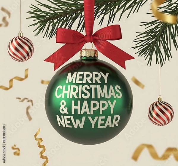 Fototapeta Festive green christmas ornament with merry christmas and happy new year message