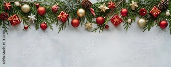 Fototapeta Festive christmas garland adorned with red and gold ornaments on a light blue background
