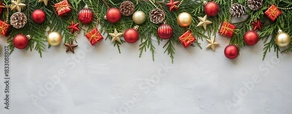 Fototapeta Festive christmas garland adorned with red and gold ornaments and pinecones on a textured background