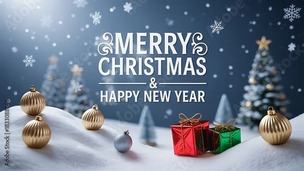 Fototapeta Festive merry christmas and happy new year scene with snow falling on decorated trees and gifts