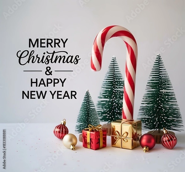 Fototapeta Festive merry christmas and happy new year greeting with candy cane and miniature trees