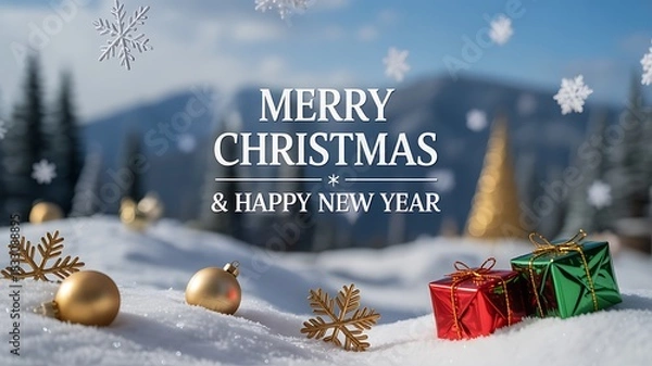 Fototapeta Festive merry christmas and happy new year greeting with snowy winter landscape and gifts