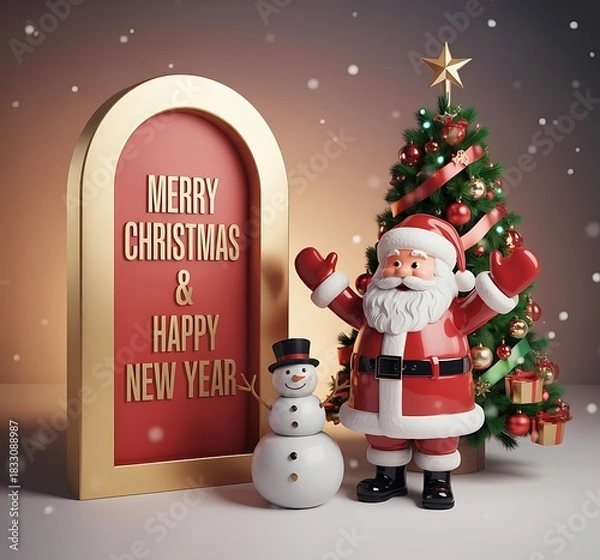 Fototapeta Festive santa claus figure with snowman and decorated christmas tree beside a merry christmas and happy new year sign