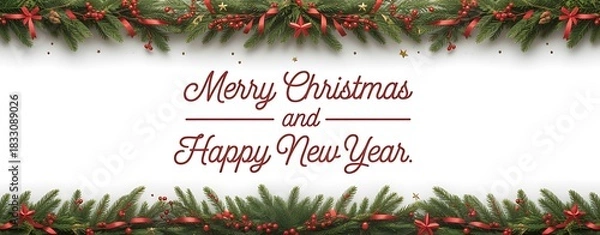 Fototapeta Festive christmas and happy new year greeting card with evergreen garland and red ribbons