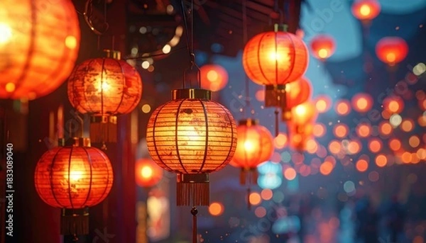 Fototapeta Glowing Red Lanterns Decorating Street at Night with Blurred Background and Warm Lighting