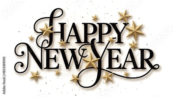 Fototapeta Elegant black script text wishing happy new year adorned with golden stars and confetti
