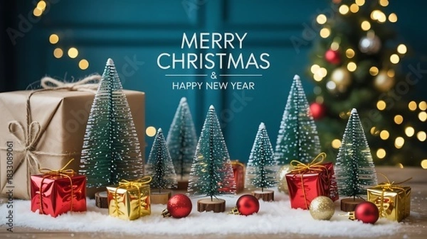 Fototapeta Festive miniature christmas trees and gifts adorned with twinkling lights and a merry christmas greeting