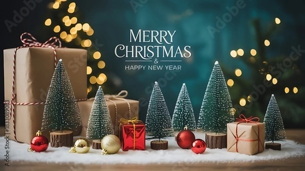 Fototapeta Festive christmas scene with gifts and miniature trees illuminated by warm bokeh lights