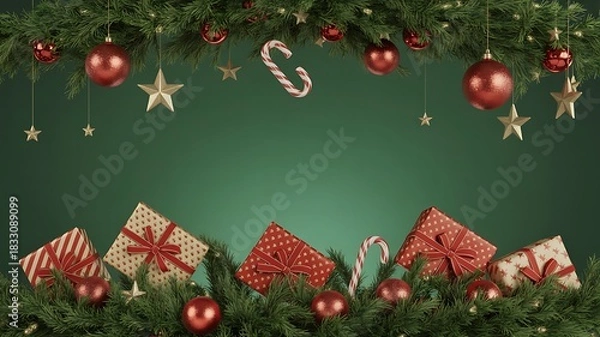 Fototapeta Festive christmas decorations with gifts and ornaments against a deep green background