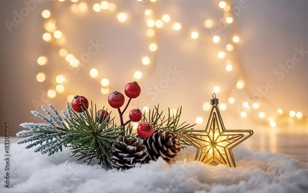 Fototapeta Festive christmas decoration with frosted pine sprig berries pinecones and glowing star light