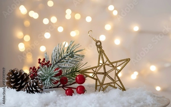 Fototapeta Festive christmas star ornament and pine sprig resting on snow with bokeh lights