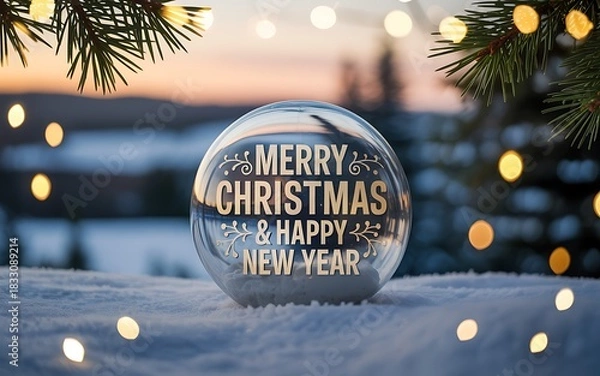 Fototapeta Festive snow globe with merry christmas and happy new year message surrounded by twinkling lights