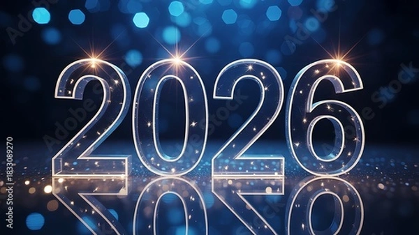 Fototapeta Glowing digital numbers 2026 reflecting on a dark surface with bokeh lights