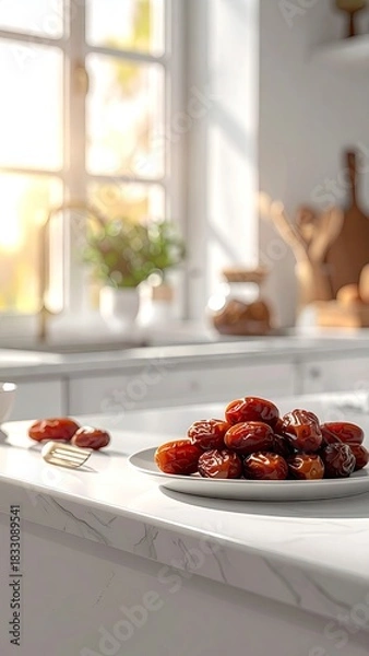 Fototapeta Close Up Shot of Dates Placed on White Plate in Bright Kitchen near Window