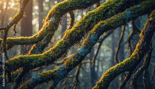 Fototapeta Moss Covered Tree Branches Bathed in Golden Hour Sunlight in a Misty Forest Setting