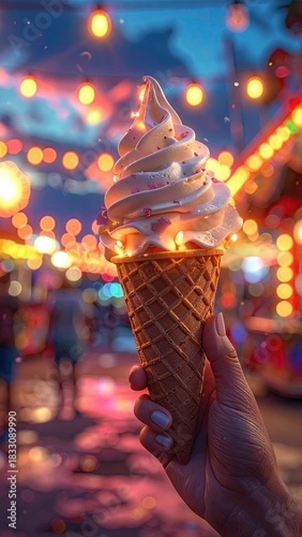 Fototapeta Close Up of Hand Holding Lit Ice Cream Cone at Night with Blurred Festive Background