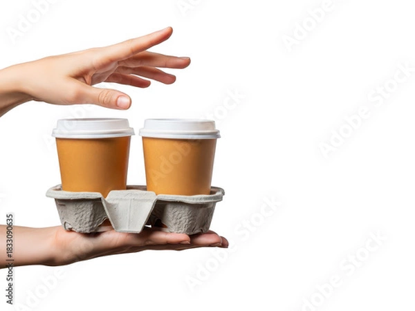 Fototapeta Hands exchanging two disposable coffee cups in a carrier for delivery