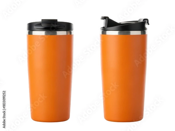 Fototapeta Bright orange insulated travel mugs with flip-top lids, open and closed