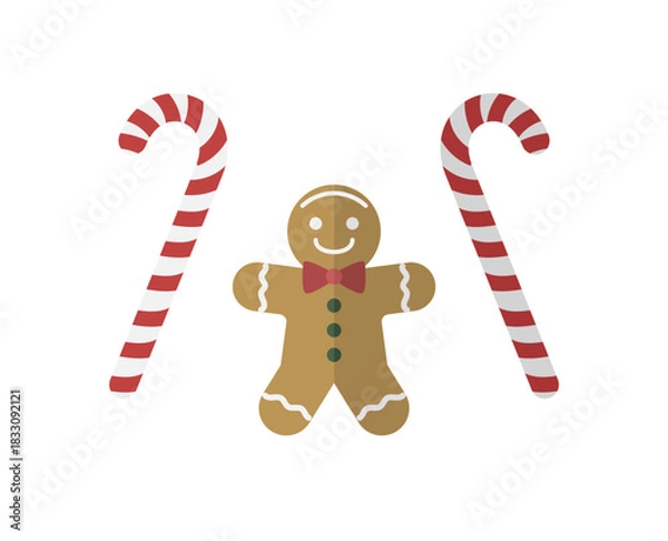 Obraz Smiling Gingerbread Man with Red Bow Tie and Candy Canes Vector Illustration. Cute Christmas Cookie Character. Sweet Holiday Dessert and Winter Celebration Concept.