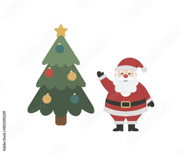 Obraz Happy Santa Claus Waving Beside Decorated Christmas Tree Vector. Flat Cartoon Character Ready for Holiday Season. Xmas Greeting and Festive Decoration.