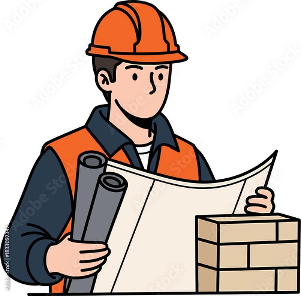 Fototapeta Construction Worker Reviewing Blueprints: Architectural Builder Plan Vector Illustration