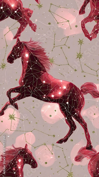 Obraz Glowing constellations create an ethereal red horse pattern against a pale lavender-blue background, celebrating the magic of the cosmos