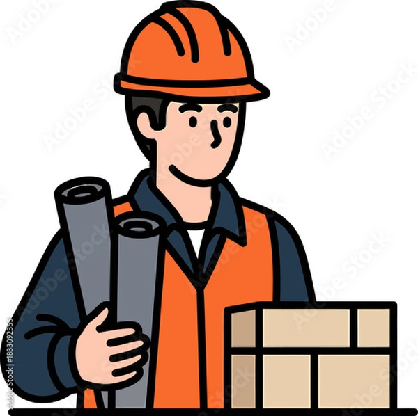 Obraz Construction Engineer or Foreman Holding Blueprints and Bricks Icon