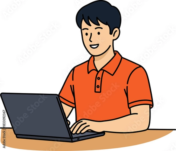 Fototapeta Smiling Young Man Working on Laptop Vector