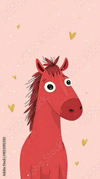 Fototapeta Charming red fire horse with sparkling eyes amidst a pastel pink background decorated with golden stars and hearts