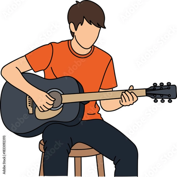 Fototapeta Flat vector illustration of a person playing an acoustic guitar while sitting.