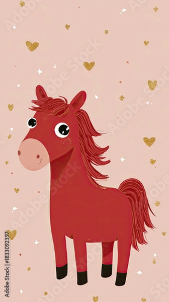 Fototapeta Charming red fire horse with sparkling eyes among golden stars and hearts creates a cozy festive pattern perfect for celebrating Chinese New Year