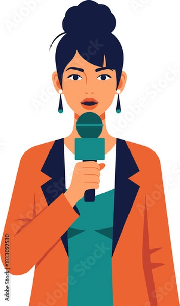 Fototapeta Professional Female Reporter Interviewing with Microphone