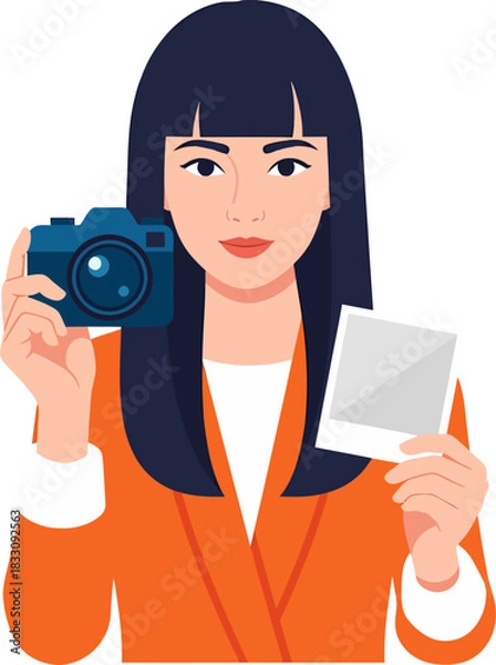 Obraz Professional Photographer Holding Camera and Instant Print on White Background. Vector Illustration.