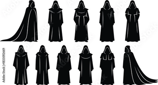 Obraz Silhouette collection of hooded cloaked figures standing in various poses, mysterious monk robe characters for design, illustration, and decoration