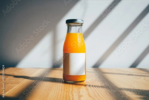 Fototapeta Glass juice bottle mockup with blank white label on a wooden table, natural sunlight and sharp window shadows