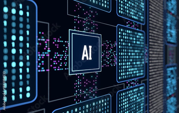 Obraz Close up AI unit, artificial intelligence, data stream, deep learning, big data, binary code, machine learning. Technology, science,  analyzing, connection, data stream. 3D illustration